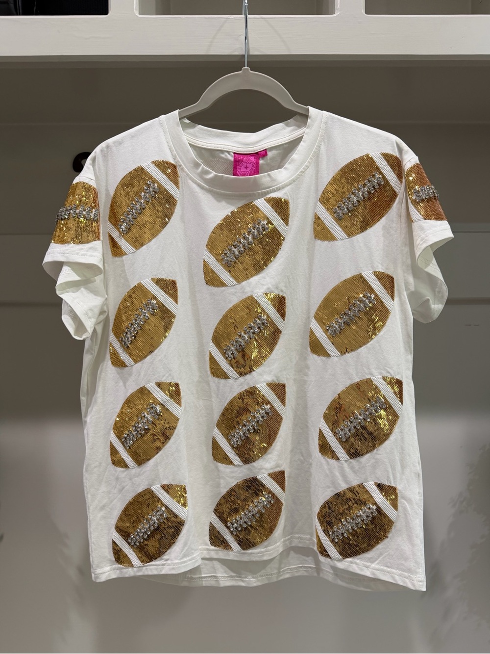 QUEEN OF SPARKLES White Tee with Sequin Footballs- XS- NWOT